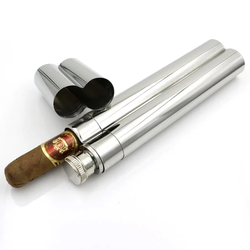 

Stainless Steel Cigar Tube Humidor 2oz Two Tubes Cigar Hip Flask Cigar Box Travel Pocket Wine Container Tool Travel Party Gift
