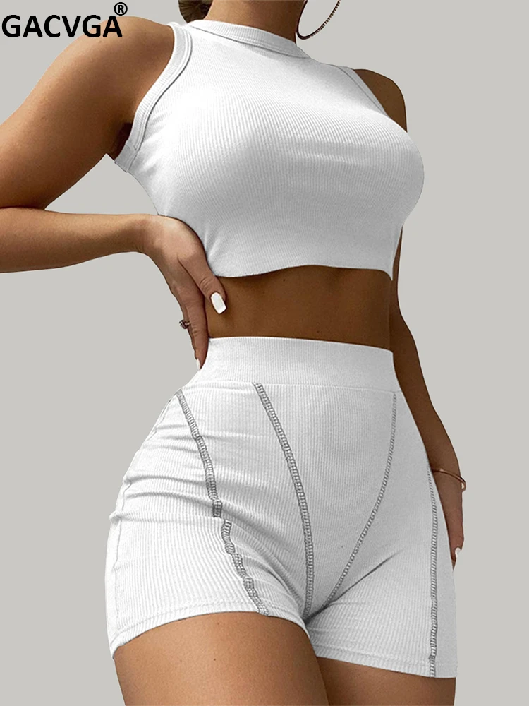 

Женский спортивный костюм GACVGA, повседневный костюм из двух предметов, короткий топ и шорты с высокой талией, лето 2022