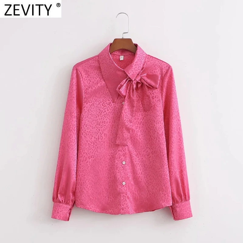 

Zevity Women Elegant Bow Design Leopard Jacquard Soft Satin Blouse Office Lady Long Sleeve Buttons Shirt Chic Blusas Tops LS9897