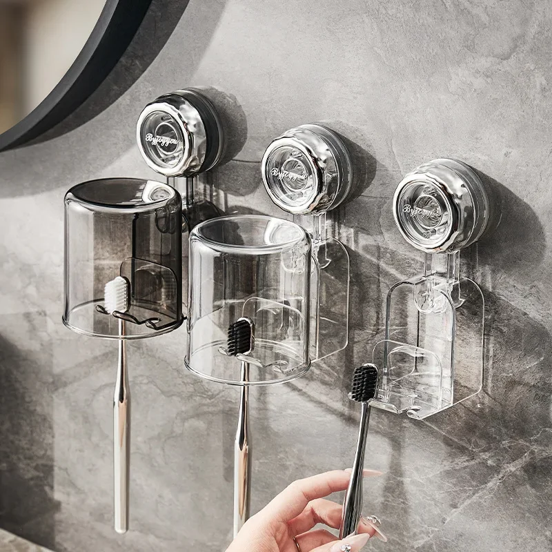 

Corrugated Suction Cup Toothbrush Holder, Tooth Cup, Brushing, Washing, and Mouthwash Cup Set, Wall Hanging, No Punching
