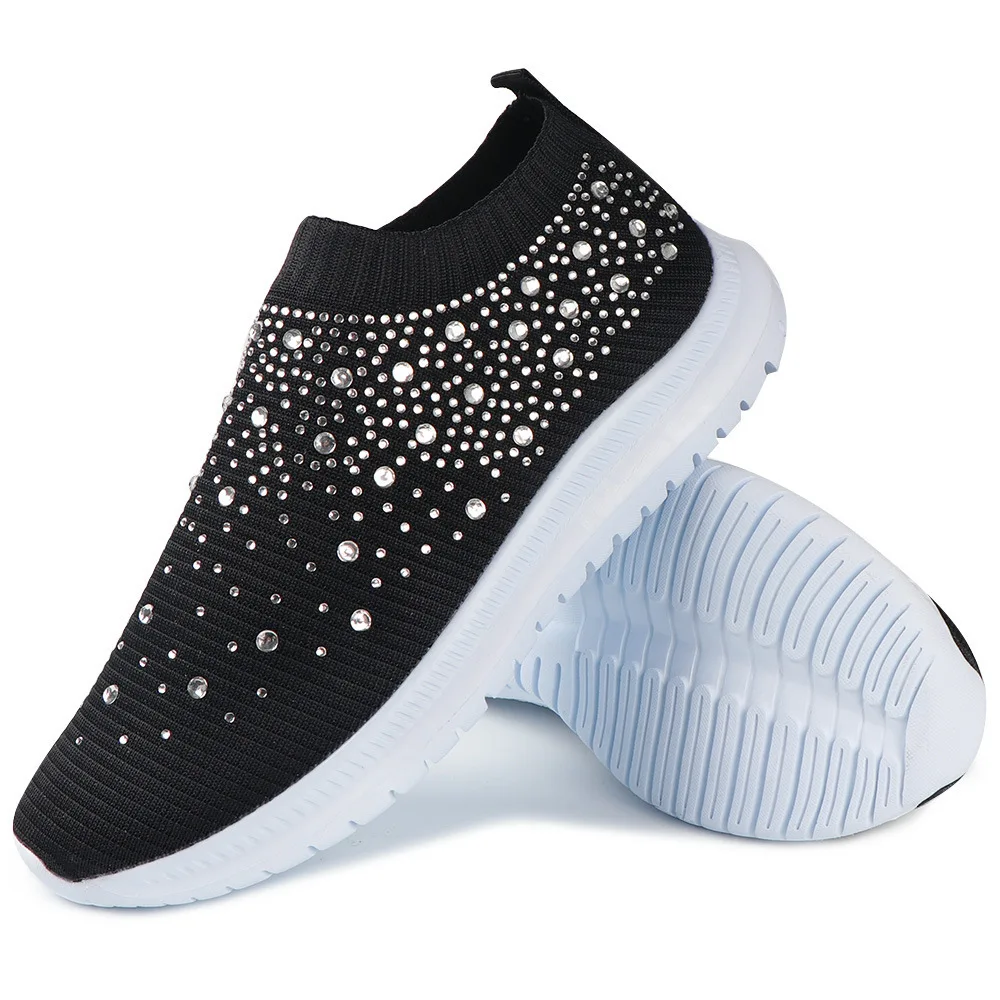 

New Large Size Rhinestone Elastic Socks Shoes Casual Men's and Women's Sports Shoes Flying Woven Breathable Women's Shoes
