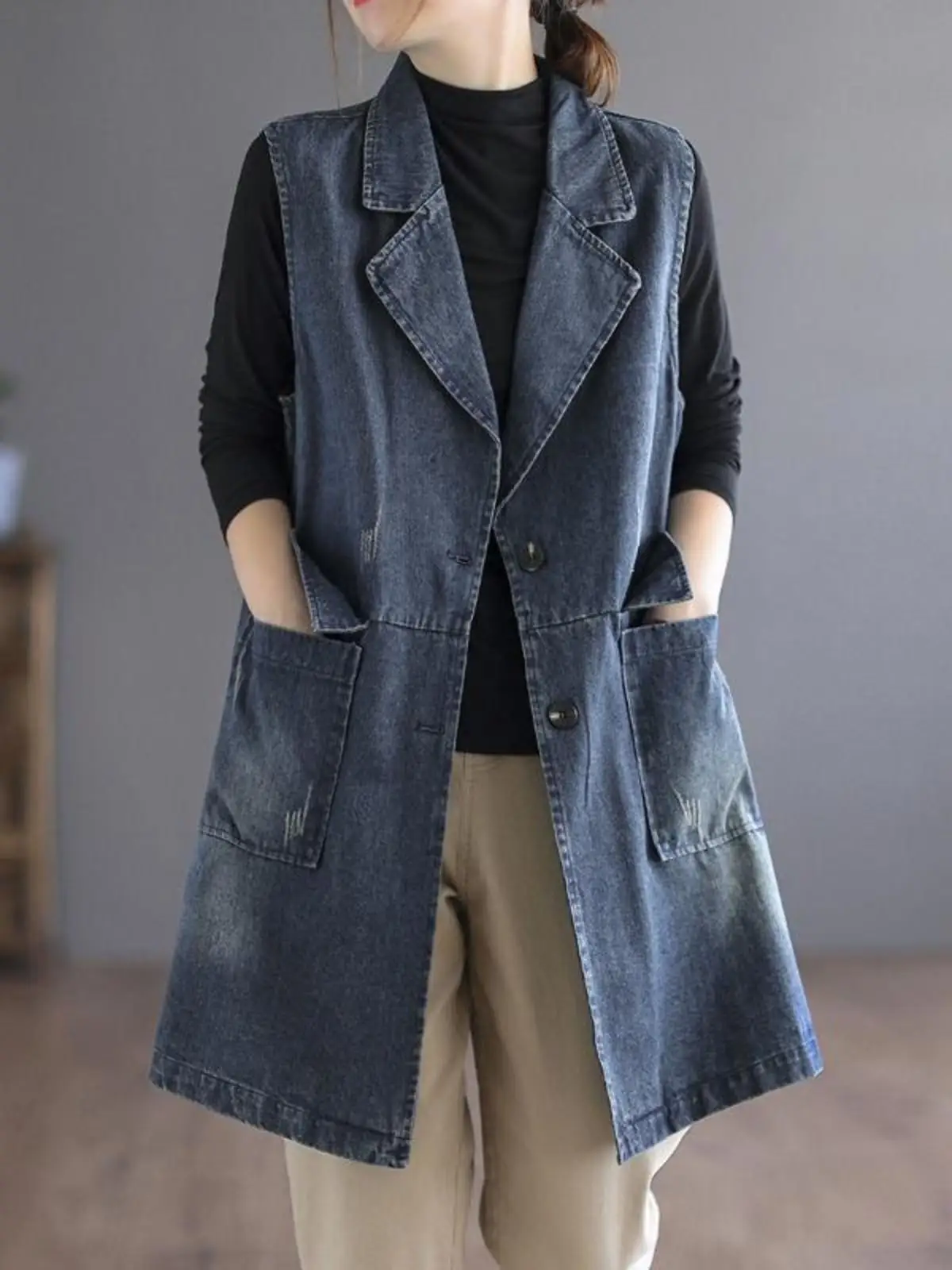 Internet Celebri Retro Mid-Length Denim Vest Outerwear Women New Loose Suit Collar Plus size Autumn Waistcoat