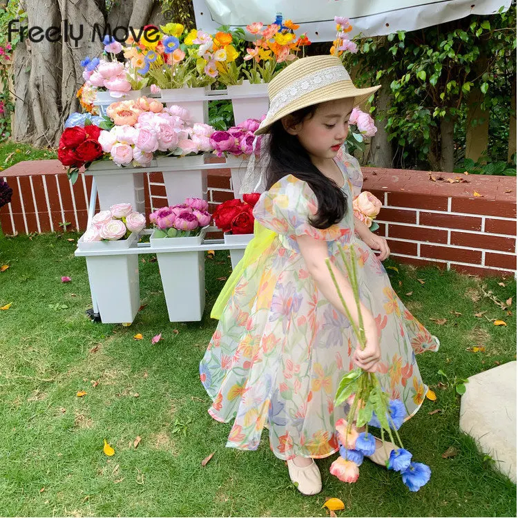 

2023 Flower Girls Dress Wedding Party Princess Dress Sweet Kids Clothes Short Sleeve Floral Dress Children's Vestidos