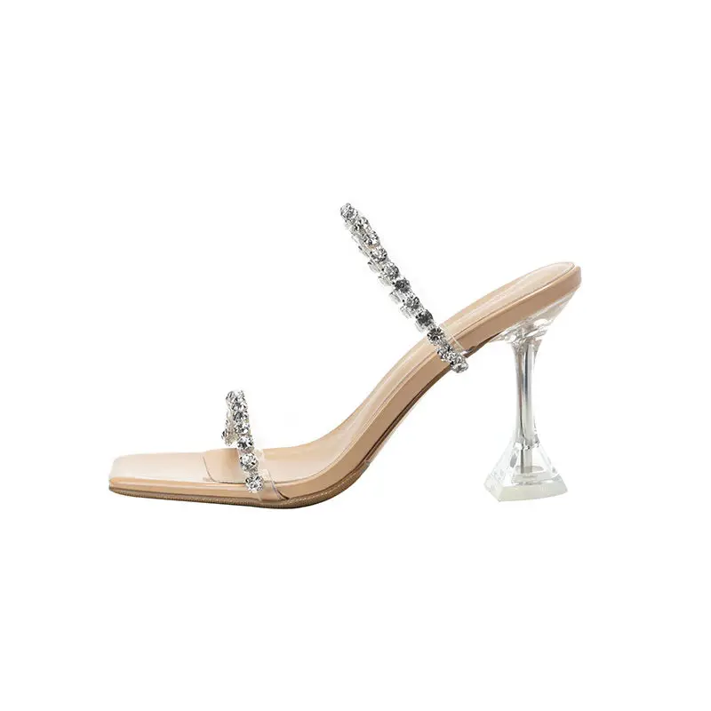 

Sexy 9cm High Heeled Crystal Transparent Strap Chain Summer Slides Sandals 2020 Clear Heeled Slip On Platform Slippers