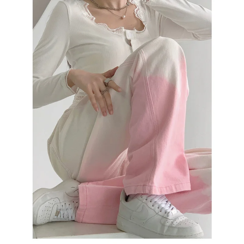 Spring Vintage Long Female Elegant Denim Trousers Sweet Full Length Stretch High Waist Pencil Pants Patchwork Pink Women Jeans