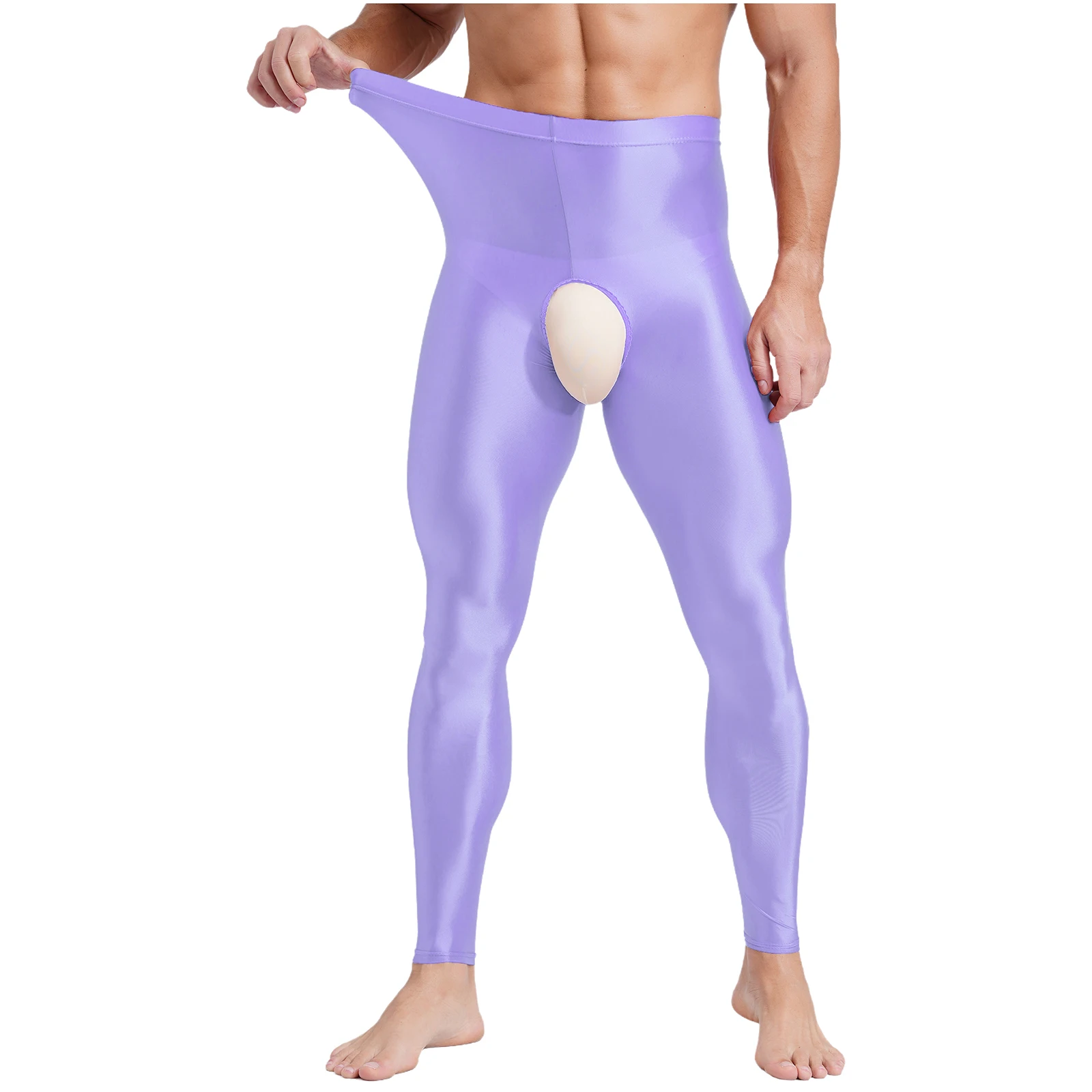 Мужские глянцевые леггинсы с открытой промежностью Однотонные эластичные