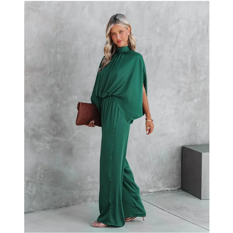Mandylandy Women Jumpsuit Autumn Elegant Casual Long Sleeve Solid Color Tie Nipped Waist Loose Wide Legs Pants Sets For Female