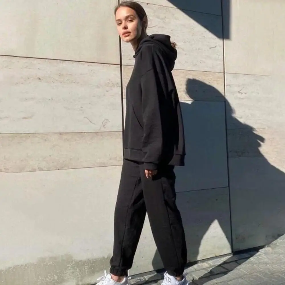

2 Pcs/Set Lady Hoodie Pants Set Thick Women Winter Tracksuit Loose Winter Hoodie Pants Set