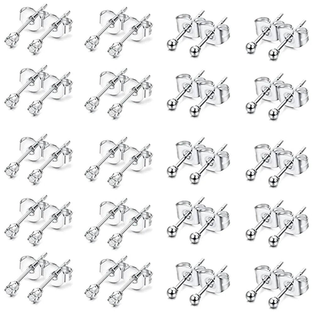

6 Pairs Tiny 2mm Stainless Steel Stud Earrings For Mens Womens CZ Round Ball Earrings Set Fashion