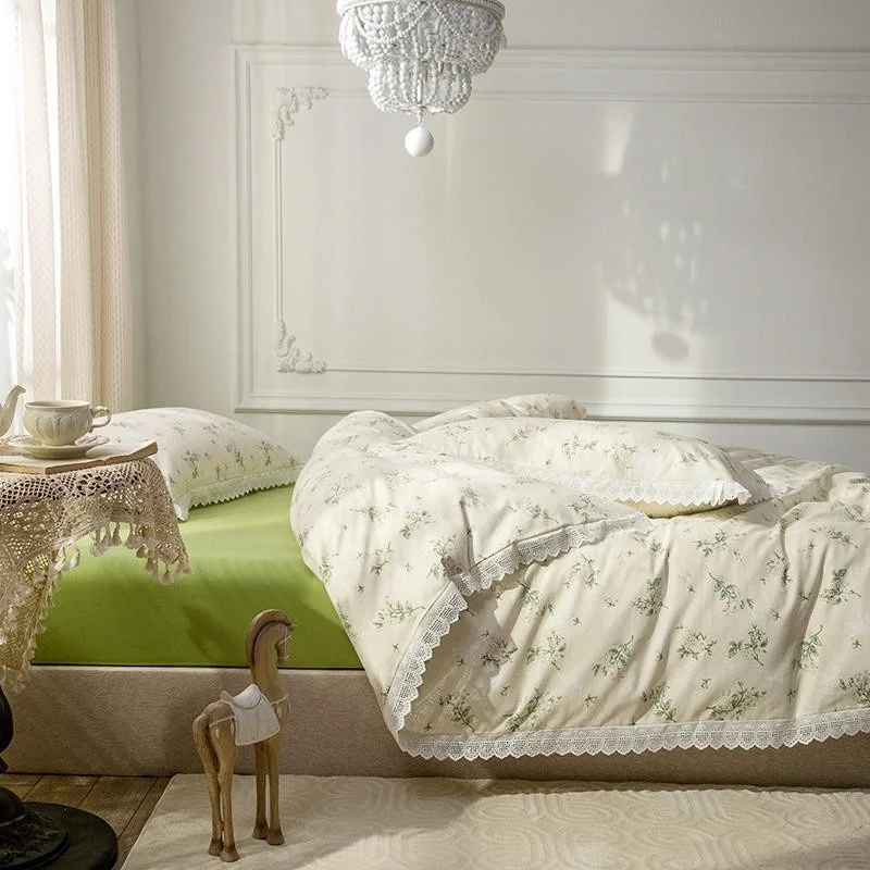 

4Pcs100% Cotton Chic Lace Fresh Garden Floral Green Duvet Cover Double Queen size Bedding Set Bed Sheet Pillowcases Ultra Soft