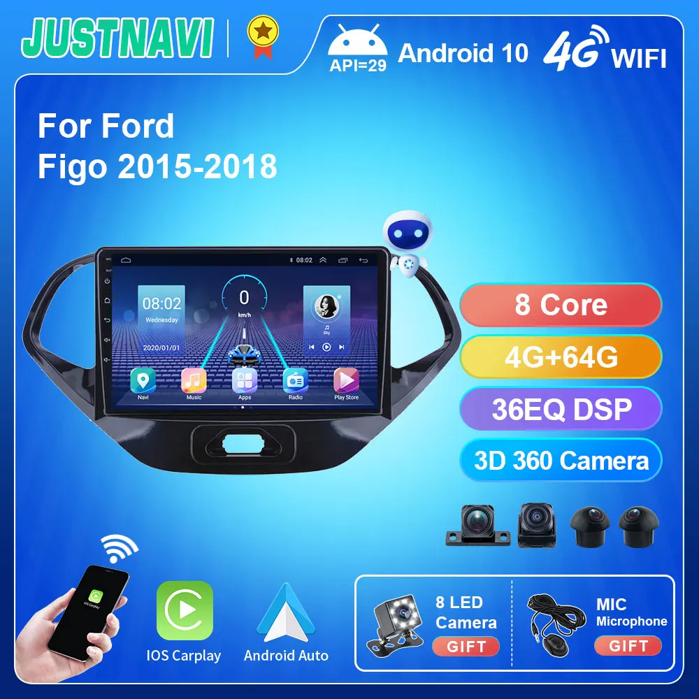 

JUSTNAVI QT5 4G + 64G carplay Android 10,0 Авторадио с экраном для Ford Figo 2015 - 2018 2din Авторадио GPS трек без DVD 2 din