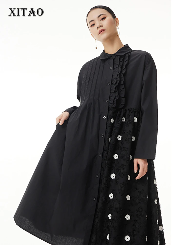 

XITAO Asymmetrical Tassel Embroidered Dress Loose Fashion Contrast Color Splicing Edible Tree Fungus New Shirt Dress ZSY0002