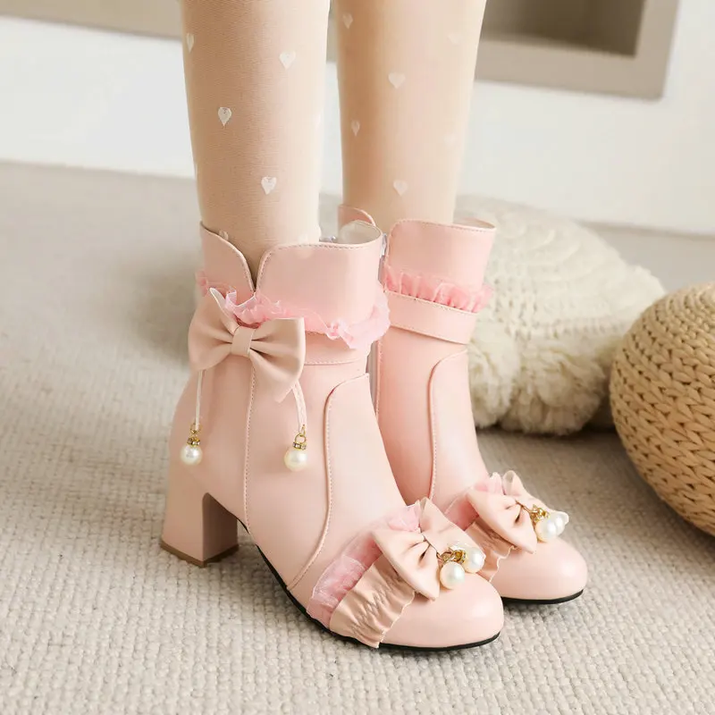 Girls Boots Wedding Party Shoes Mid Heels Lace Up Lolita Ruffled Bow-Knot Side Zipper Women Ankle Booties Pink Black White 28-43