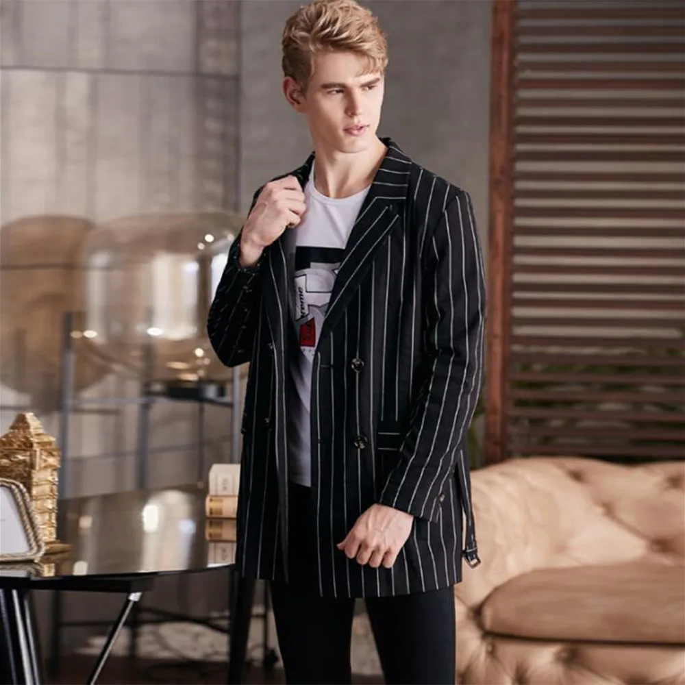 New Arrival Double Breasted Suits Men Stripe Blazer Masculino Slim Fit Casaco Jaqueta Masculina Middle Length Man Jacket Only