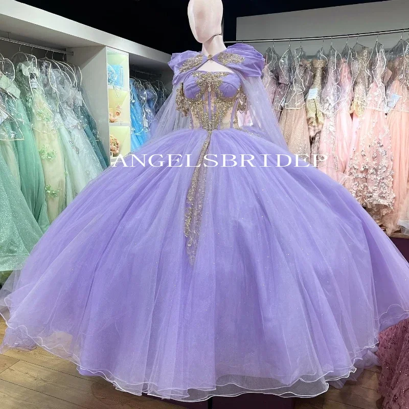 Angelsbride бальное платье с золотистой аппликацией платья для Quinceanera сиреневой