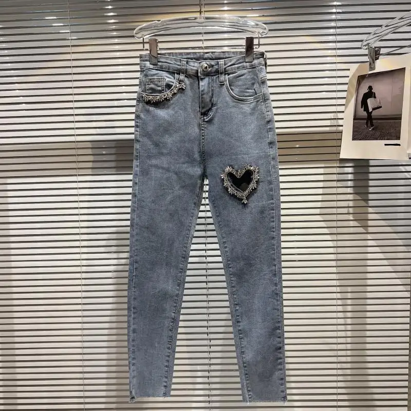 

Women Hollow Out Diamonds Jeans New High Waist Pants Fashion Spring Summer Temperament Lady Denim Trouses 2022