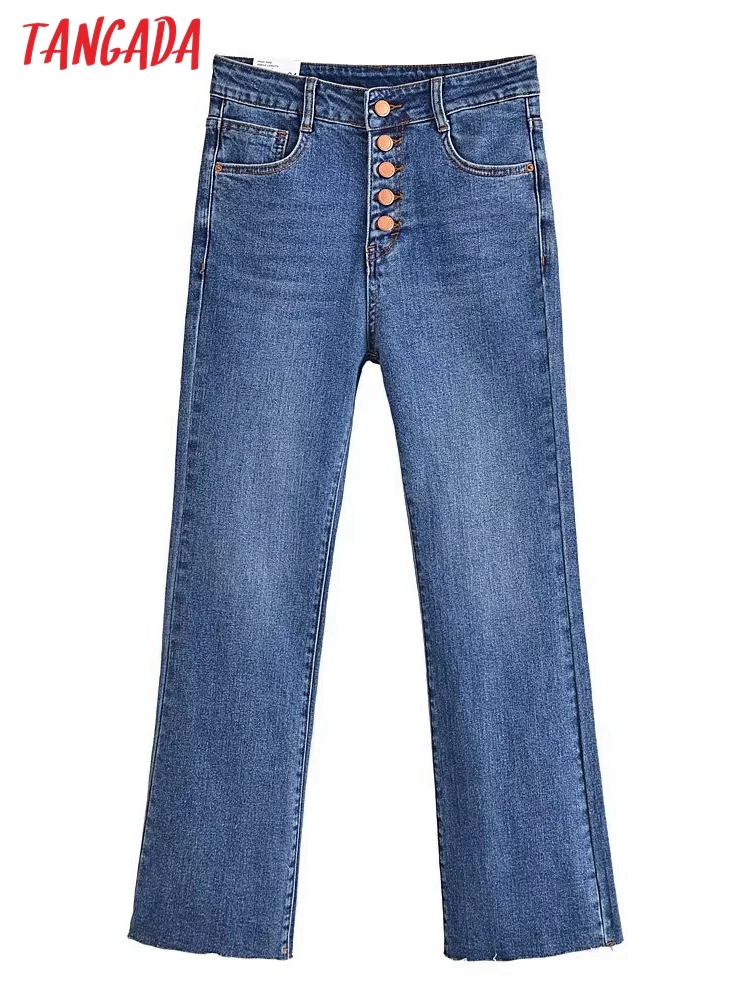 

Tangada 2022 New Women Flare Jeans Pants Trousers High Waist Pockets Buttons Female Pants SW17