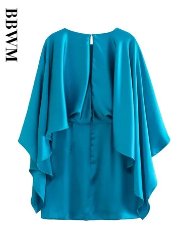 Blue Satin Dresses Summer New Mini Dress Woman Vintage Three Quarter Sleeve Dress Women 2023 Elegant Chic Female Short Dress