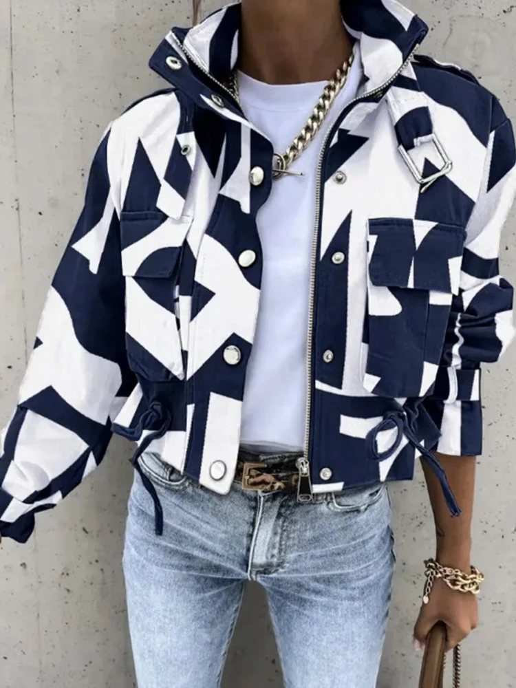 

Korean Style Women Chic Stand Collar Belted Coats Female Long Sleeve Printed Short Jackets Outerwear Pocket Casual Buttons Top