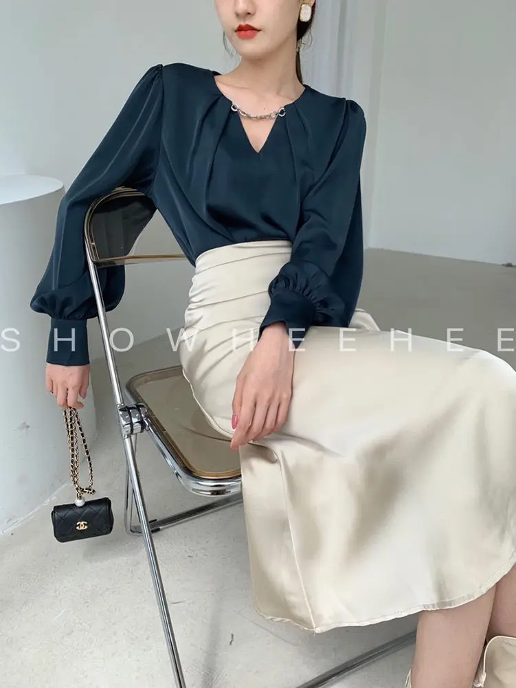 Корейская шифоновая женская блузка с V-образным вырезом и цепочкой Простая