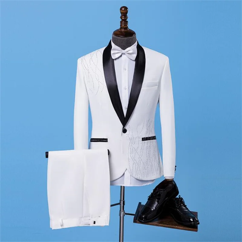 White 2020 new arrival fashion slim men suit set with pants hot drilling mens wedding suits formal dress men's groom suit + pant