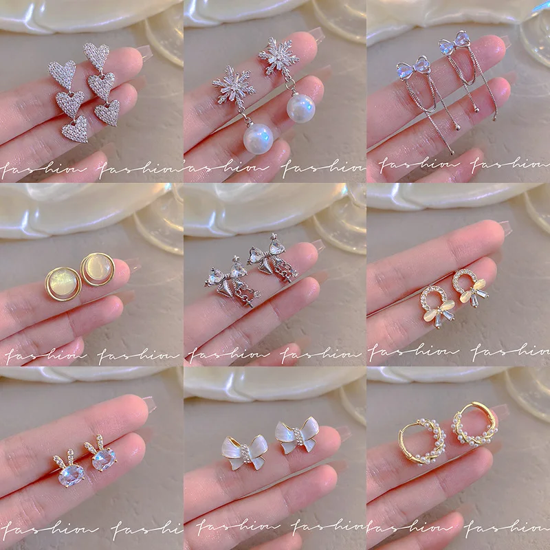 

Vintage Pearl Earrings Jewelry for Women Girls Sweet Heart Bow Zirconia Charm Pendant Ear Clip Accessories for Girlfriend Gifts