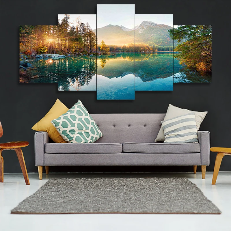 

5 Pcs Modern Posters Prints Nature Landscape Alps Mountain Canvas Painting Sunshine Forest Lake Pictures for Bedroom Home Decor