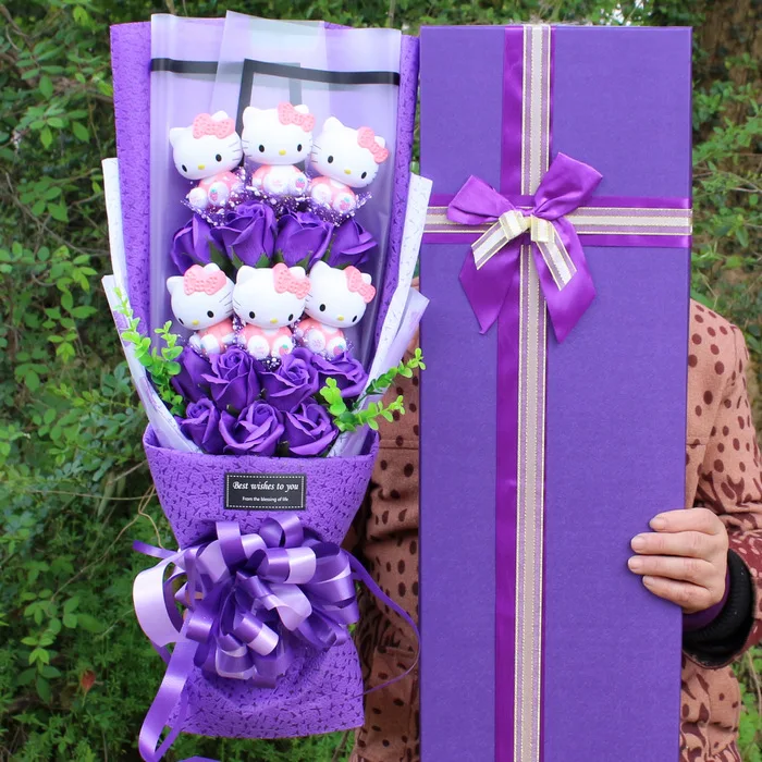 

Pink Cartoon Soap Flower With Box Kawaii Stuffed Doll Flowers Bouquets With Cat Plush Toy Girlfriend Girl Birthday Wedding Gift