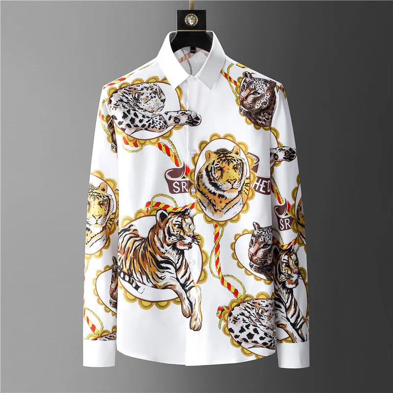 

New 22 Men luxurious Crown Diamond Rhinestones Tiger Fashion Cotton Casual Shirts Shirt high Pocket Long-sleeves S 5XL #A652