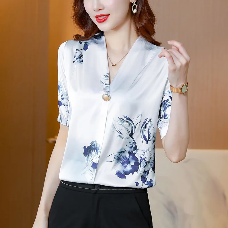 Silk short-sleeved shirt women's 2022 summer new V-neck  printed top mulberry silk shirt  womens tops and blouses