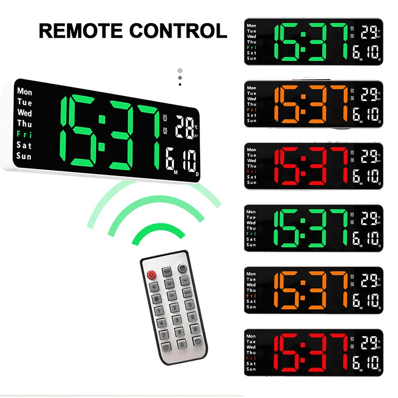 Large LED Digital Wall Clock Remote Control Temp Date Week Display Memory Table Wall-mounted Dual Electronic Alarms Clocks