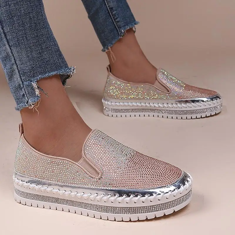 

Luxury Women Flats Rhinestone Bling Sewing Platform Loafers Slip on Sewing Shallow Fashion Casual Shoes Ladies Footwear Sneakers