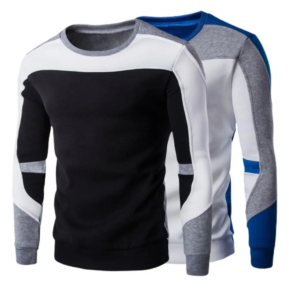 

Great Spring Sweatshirt Plush Men Sweatshirt Long Sleeve Contrast Colors Pullover Sweatshirt Patchwork