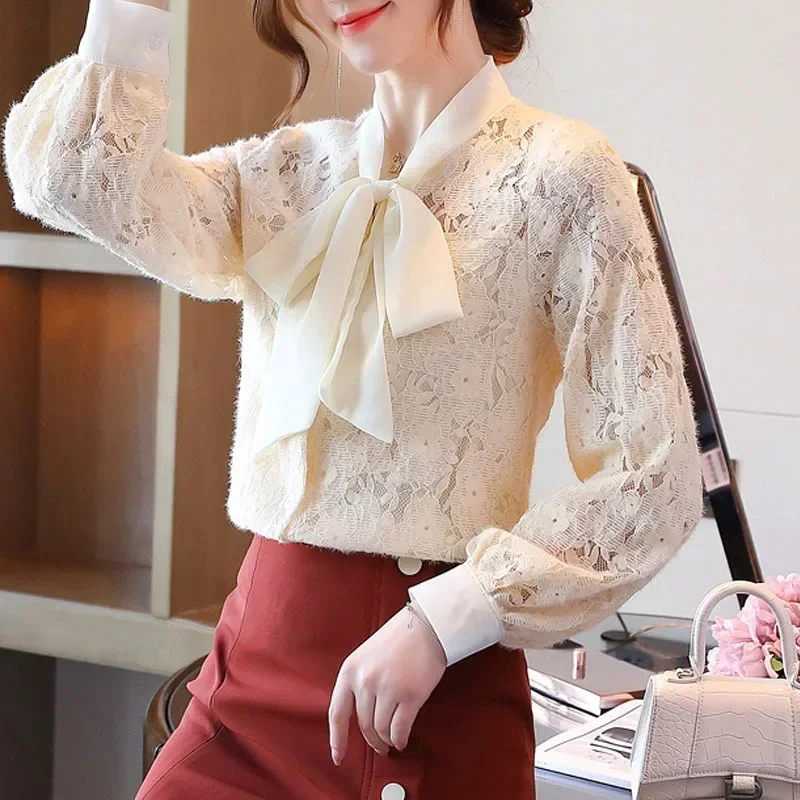 Новая женская рубашка с бантом и длинным рукавом бархатная утепленная кружевная