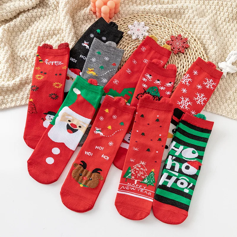 Women's Cotton Cartoon Christmas Stockings Funny Halloween Tube Socks Three-Dimensional Ears New Year Socks Red Socks