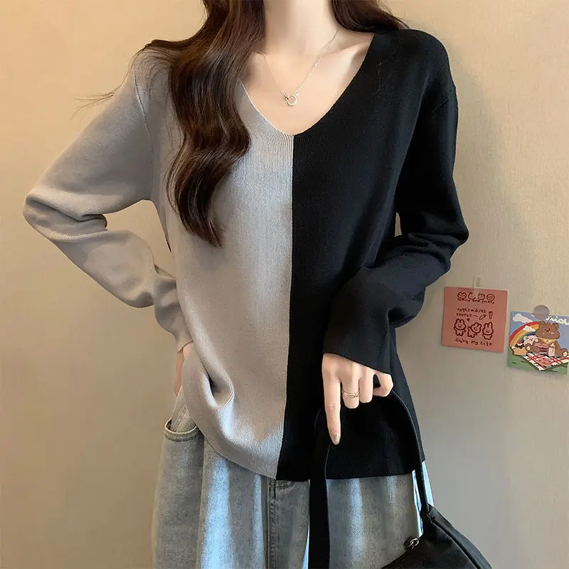 Женский свитер контрастных цветов свободные универсальные пуловеры с V-образным