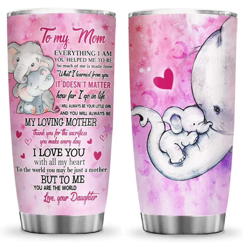 

20oz Stainless Steel Insulated Elephant To My Mom Tumbler Mom Birthday Gifts from Daughter for Gym Fitness Travel Office Use