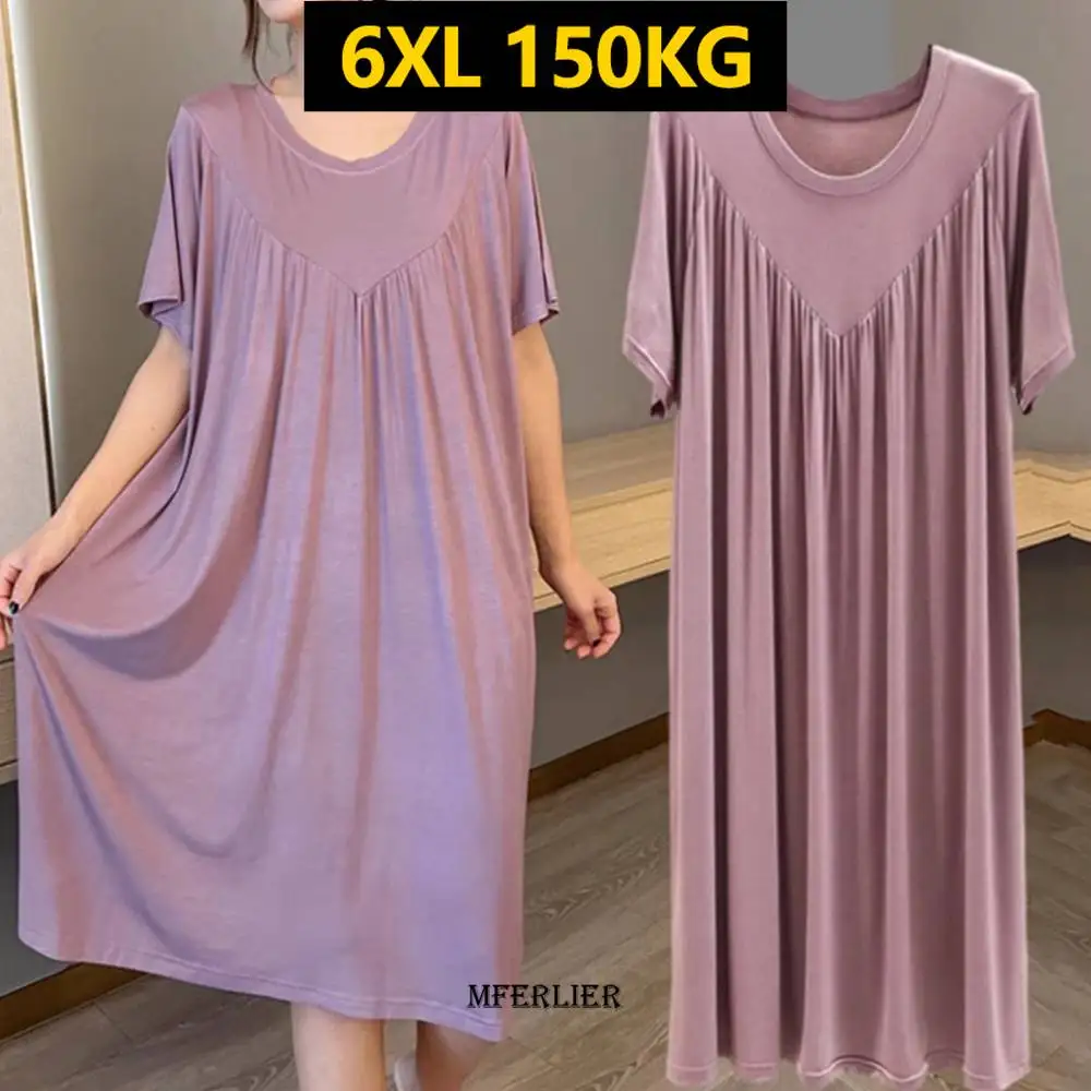 

E GIRLS Large Size 6XL 150KG Summer Nightgowns Women Loose Long Casual Homewear Sleepwear Dresses Female Short Sleeve Modal Nigh