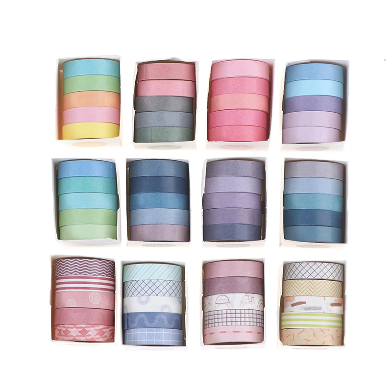 

5 Pcs/Set Cute Grid Stripe Washi Tape Solid Color Masking Tape Decorative Adhesive Tape Sticker Scrapbooking Planner Stationery