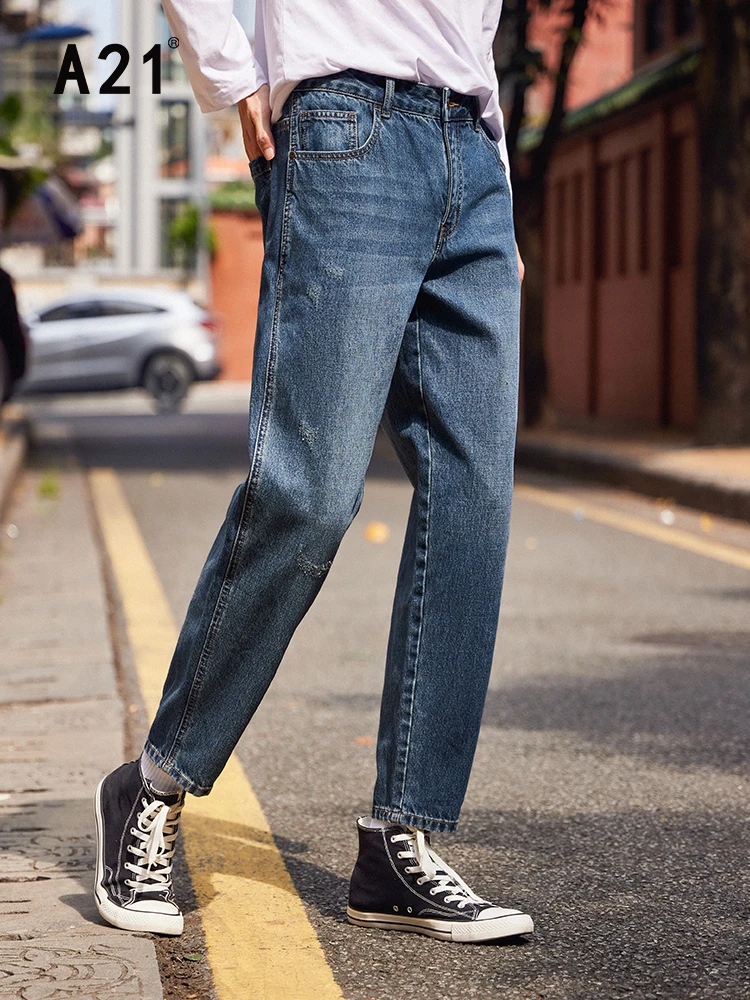 A21 Men Vintage Casual Jeans for Spring Summer 2022 Fashion 100% Cotton Taper Denim Pants Male New Low Waist Trousers Streetwear
