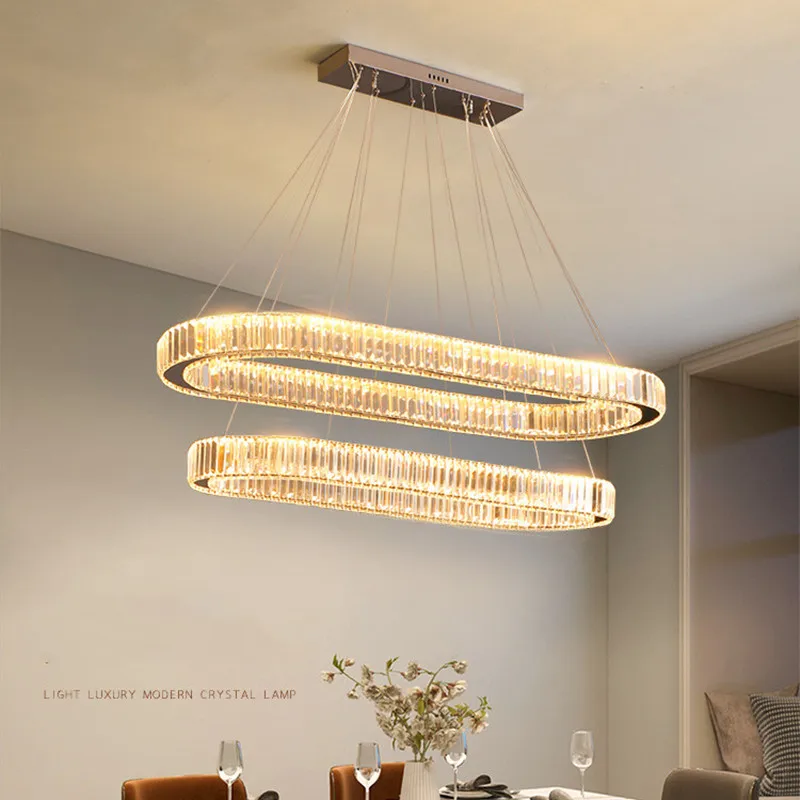 

Modern Dining Table Oval Led Dimmable Pendant Lights Lustre Chrome Gold Steel Pendant Lamp Luxury K9 Crystals Led Suspend Lamp