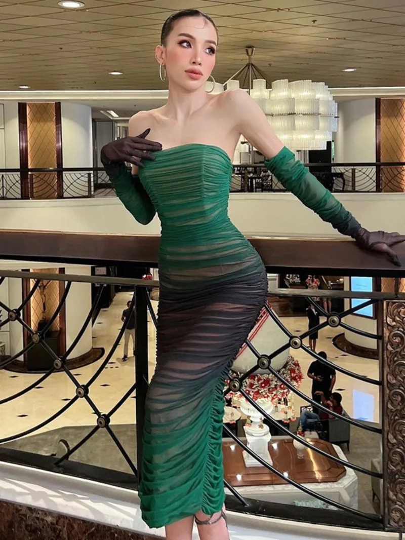 

Elegant Pretty Mesh Gradient Strapless Long Dress with Gloves Luxury See Through Bodycon High Waist Party Evening Prom Dresses