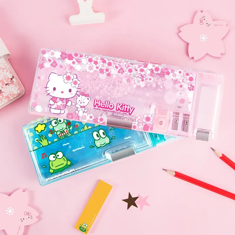 

Sanrio Kawaii Новый аутентичный Hellokitty сыпучий песок канцелярская коробка большой емкости с точилкой для карандашей многофункциональная коробка ...