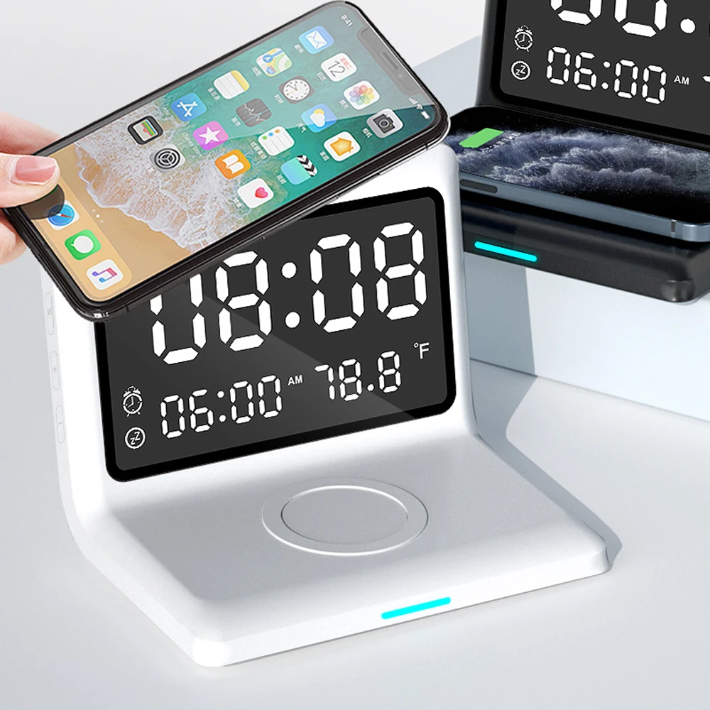 

6 IN 1 15W Qi Wireless Fast Charger Pad for iPhone 13 12 Pro Max Samsung S22 With Alarm Clock Digital Thermometer LED Desk Lamp