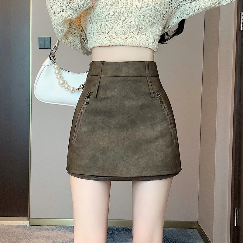 Коричневая мини-юбка для женщин Осень-зима 2024 трапециевидная короткая юбка из