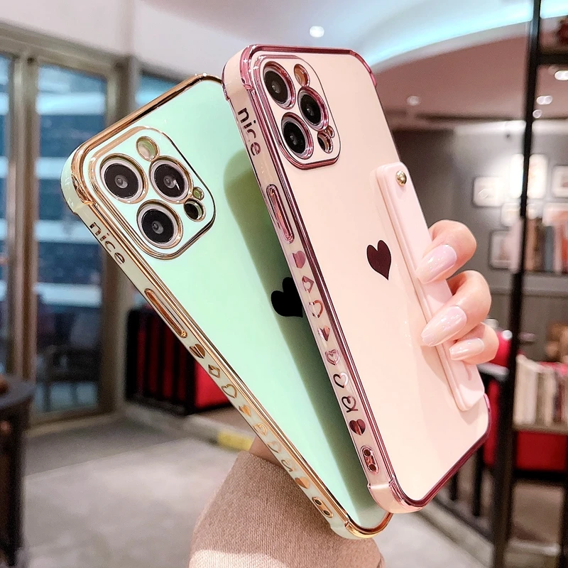 

Soft Love Heart Wrist Strap Phone Case For iPhone 11 12 13 Pro Max X XR Xs Max 7 8 Plus Mini SE 2020 Kickstand Bumper Back Cover