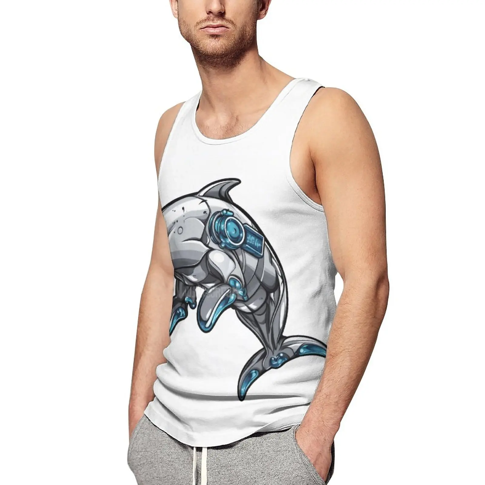 

Dolphin Tank Top Men Drawing Style Cartoon Bodybuilding Oversize Tops Beach Sportswear Custom Sleeveless Vests