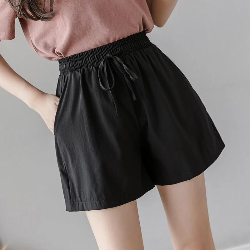 

Elastic Waist Wide Leg Short Pants Women Korean Cotton Linen Shorts Vintage Streetwear Pockets Thin Casual Shorts Harajuku