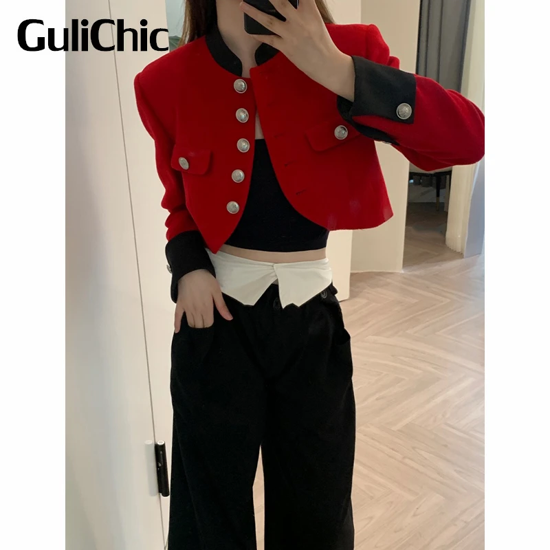 

11.3 GuliChic Women Temperament Red Stand Collar Button Pocket Decoration Short Jacket