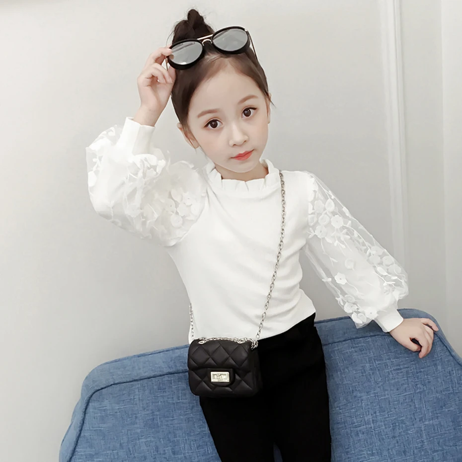 Lace Flower Girl White Blouse School Shirt Floral Childrens Blouse Spring Autumn Korean Clothes Camisas Bordadas Blusa Infantil